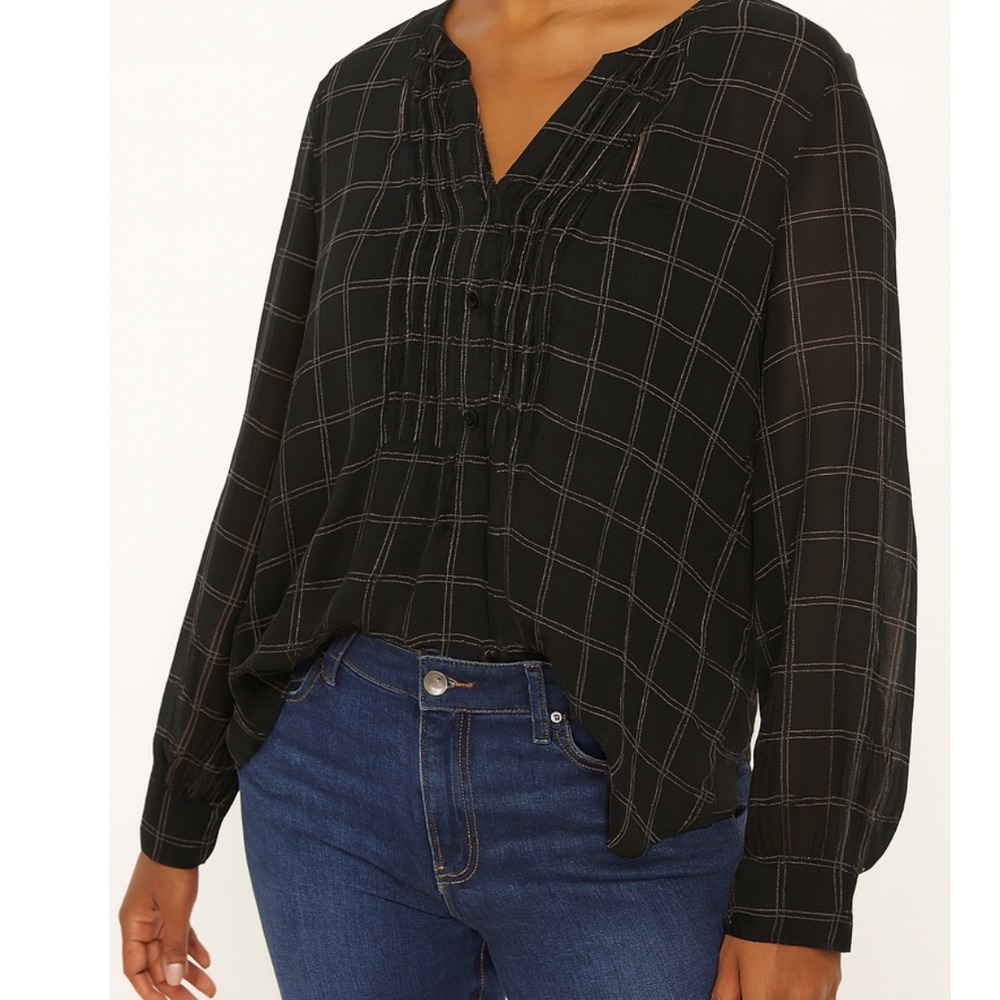 GAP sz XXL Womens Black Sheer Windowpane Pintuck Button Tunic Top Casual Gingham